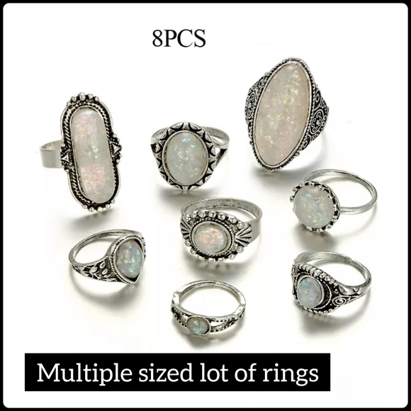 5/25 8 silver ring lot bohemian style rings white opal colored stones unique - Picture 5 of 8